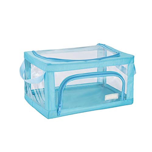 Product Cover DoDoMagxanadu Clear Foldable Storage Bins Boxes, Toy Storage Box Stackable Closet Container Organizer Basket with Clear Window for Clothes, Bedding and Kids Toy (Blue, 22L(15.3x11.4x7.8))