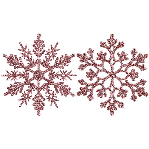 Product Cover Sea Team Plastic Christmas Glitter Snowflake Ornaments Christmas Tree Decorations, 4-inch, Set of 36, Rose Gold
