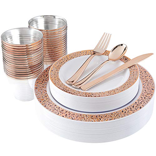 Product Cover 180pcs Plastic Rose Gold Plates, Rose Gold Silverware,Rose Gold Cups, Disposable Party Flatware, Durable Wedding Plates and Cutlery Set, Supernal