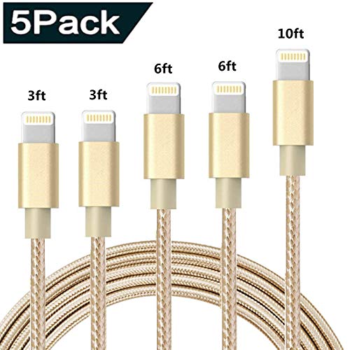 Product Cover iPhone Charger Cable MFI Certified SHARLLEN Lightning Charger, Fast Nylon Braided USB iPhone Charging Cords 5Pack(3FT2/6FT2/10FT) Compatible iPhone XS/Max/XR/X/8/8Plus/7/7P/6S/iPad/IOS (Gold)