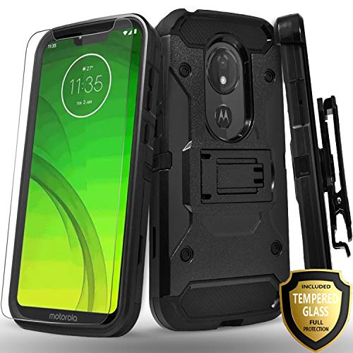 Product Cover Moto G7 Power Case, Moto G7 Supra XT1955 Case, With [Tempered Glass Screen Protector], Full Cover Heavy Duty Dual Layers Phone Cover with Kickstand and Locking Belt Clip-Black