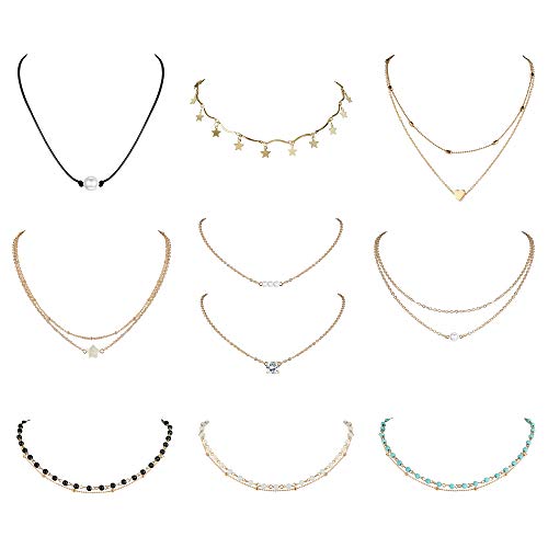 Product Cover Finrezio 10 PCS Choker Necklace for Women Girls Dainty Layered Gold Chain Lucky Star Heart Pearl Turquoise Bead Necklaces Set