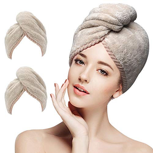 Product Cover 2 Pack Hair Towel Wrap Turban Microfiber Drying Bath Shower Head Towel with Buttons,Learja Quick Dry Super Absorbent for Long & Curly Hair(Khaki）