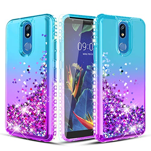 Product Cover Wallme LG K40 Case,LG Solo LTE(L423DL)/Harmony 3/X4 2019/LMX420/Xpression Plus 2 Case W[Tempered Glass Screen Protector] Glitter Diamond Falling Hearts Phone Case for Girls Women-Teal Purple