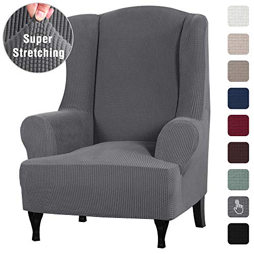 Product Cover 1 Piece Sofa Cover High Stretch Furniture Slipcover Stay in Place Wing Back Armchair Slipcovers, Skid Resistance Polyester Spandex Jacquard Fabric Small Checks (Wing Chair, Charcoal Gray)