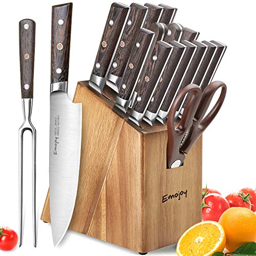 Product Cover Knife Set, 16-Piece Kitchen Knife Set with Carving Fork, Precious Wengewood Handle for Chef Knife Set with Block, German Stainless Steel, Emojoy