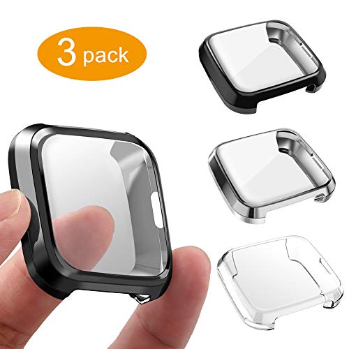 Product Cover GHIJKL 3 Packs Screen Protector Compatible Fitbit Versa Lite Edition, Ultra Slim Soft Full Cover Case for Fitbit Versa Lite Edition, Crystal Clear, Black, Silver