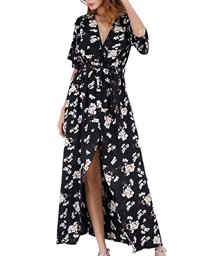 Product Cover Women Wrap Maxi Dress Boho Floral Flowy V Neck Short Sleeves Split Summer Party Beach Dresses