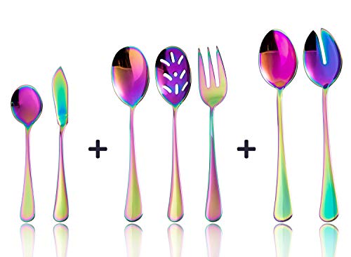 Product Cover Color rainbow Serving utensils set. Stainless Steel Hostess Flatware Sets 7-Piece Includes Silverware Large Salad Serving Spoons, Forks & Slotted Spoons,sugar spoons,butter knife.Dishwasher Safe