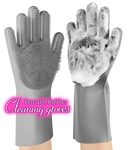 Product Cover anzoee Reusable Silicone Dishwashing Gloves, Pair of Rubber Scrubbing Gloves for Dishes, Wash Cleaning Gloves with Sponge Scrubbers for Washing Kitchen, Bathroom, Car & More (Gray)
