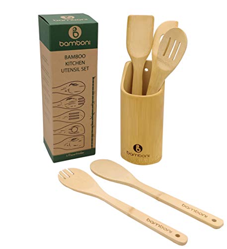 Product Cover 6 Piece Set | Bamboo Utensils with Holder | Bamboo Cooking Utensils | Wooden Spoons for Cooking | Wooden Kitchen Utensil Set | Perfect for Nonstick Cookware by Bamboni | Great Gift For Chefs & Foodies