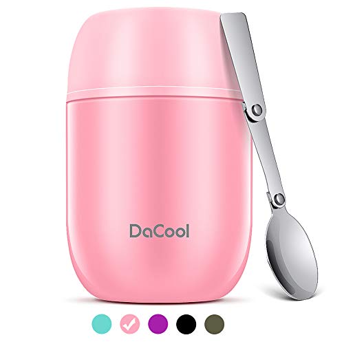 Product Cover Insulated Lunch Container DaCool Hot Food Jar 16 oz Stainless Steel Vacuum Bento Lunch Box for Kids Girls Adult with Spoon Leak Proof Hot Cold Food for School Office Picnic Travel Outdoors - Pink