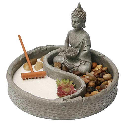 Product Cover Nature's Mark, Mini Meditation Zen Garden, 6 x 6 Inches Round with Lotus, Buddha Figures and Natural River Rocks (Buddha 6 Inch Round)