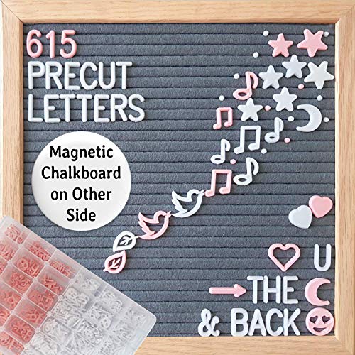 Product Cover Felt Letter Board with Letters - 10x10 Gray/Black 2in1 Magnetic Chalkboard Message Board: 615 Precut Felt Board Letters, Oak Frame & Stand for Baby Announcement Board with Letters; Farmhouse Decor