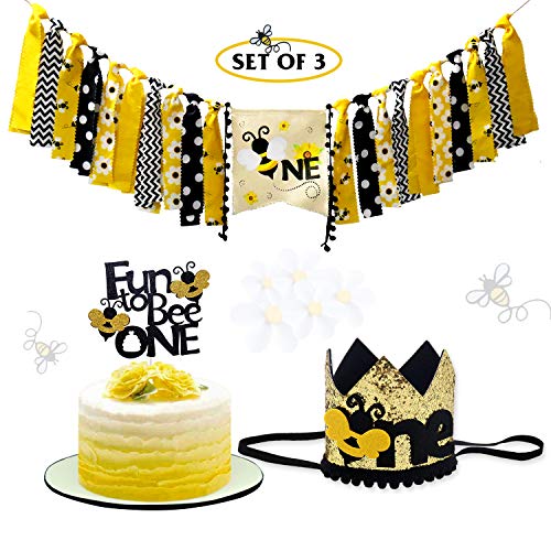 Product Cover Bumble Bee First Birthday Party Decoration Kits, One Highchair Banner, Fun to Bee One Cake Topper and Crown Birthday Hat, set of 3
