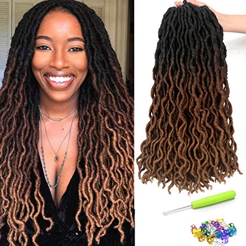 Product Cover 18 Inch Goddess Faux locs Crochet Hair 6 Packs/Lot Soft Gypsy Loc Wavy Crochet Braids Dreadlocks 3 Tone Ombre Curly Wavy Twist Braiding Hair Extensions 24 Strands/Pack African Roots Braid（#1B/30/27)