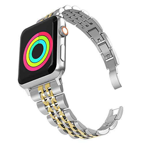 Product Cover Aizilasa Band Compatible with Apple Watch 40mm Series 4, iWatch 38mm Series 3 2 1 for Women Men Stainless Steel Bracelet Adjustable Metal Strap Wristbands (Silver&Gold-38mm/40mm)