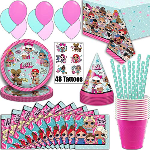 Product Cover LOL Suprise Party Supplies, Serves 16 - Plates, Napkins, Tablecloth, Cups, Straws, Balloons, Tattoos, Birthday Hats - Full Tableware, Decorations, Favors for L.O.L Collectors
