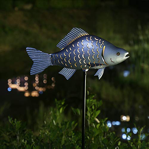 Product Cover Kaixoxin Solar Garden Lights Metal Fish Decorative Stake for Outdoor Patio Yard Decorations,Warm White LED Solar Path Lights (Silver-1)