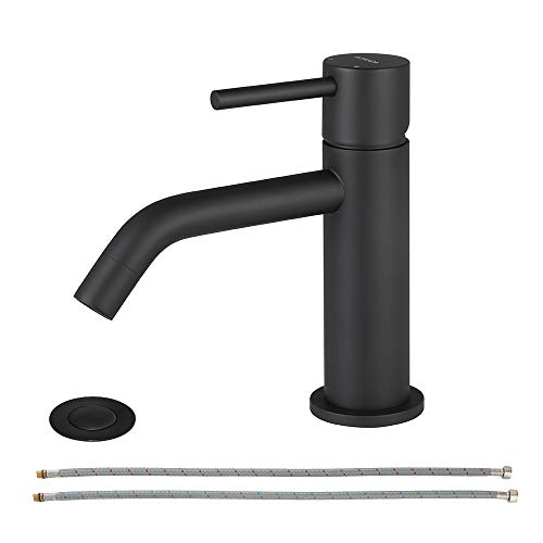 Product Cover EZANDA Brass Single Handle Bathroom Faucet with Pop-up Sink Drain Assembly & Faucet Supply Lines, Matte Black, 1431104