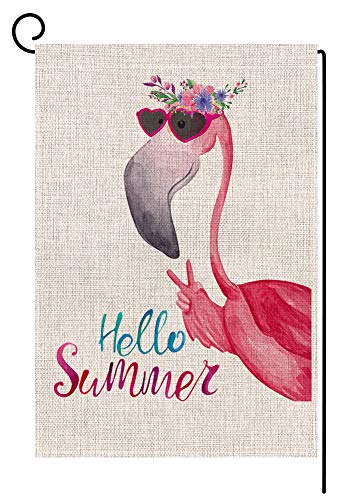Product Cover Hello Summer Flamingo Small Garden Flag Vertical Double Sided 12.5 x 18 Inch Floral Beach Burlap Yard Outdoor Decor