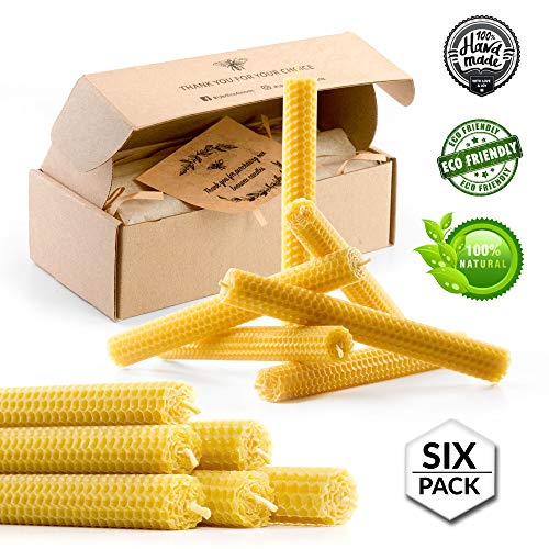 Product Cover Beeswax Taper Candles 8 inch Tall - Pack of 6 - Handmade Pure Bees Wax Tapers - Lead Free Cotton Wick Bee Hive Candle for Home Décor or Gift - no Petroleum - Hypoallergenic (Natural)