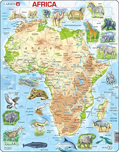 Product Cover Larsen Puzzles Africa Map with Animals Children's Educational Jigsaw Puzzle - 63 Piece Tray & Frame Style Puzzle - Exclusive Premium Handmade Puzzles - Imported from Norway