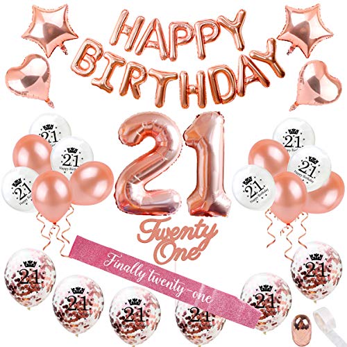Product Cover 21st Birthday Decorations Party Supplies - Rose Gold 21 Birthday Balloon Number, Rose Gold Confetti Balloons, 21 Birthday Cake Topper, Birthday 21 Sash, Birthday Party Supplies 21 by QIFU