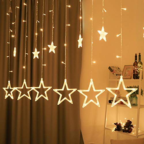 Product Cover BHCLIGHT 12 Stars 138 LED Christmas Lights, 8 Modes Star String Lights, Plug in Fairy Lights for Bedroom, Wedding, Party, Christmas, Decorations for The Home (Warm White)