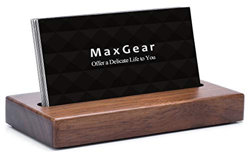 Product Cover MaxGear Business Card Holder for Desk Wood Business Card Display Holders Professional Business Card Holder Stand Desk Cards Display Holder for Home and Office, 2.3 x 4.3 x 0.6 inches, Walnut, Square