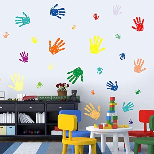 Product Cover BUCKOO Colorful Hand Prints Wall Decal Sticker,Happy Everyday Colorful Small & Big Handprint Paint Peel and Stick DIY Easy to Install Stickers,Nursery Playroom Or Kids Room Decor