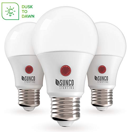 Product Cover Sunco Lighting 3 Pack A19 LED Bulb with Dusk-to-Dawn, 9W=60W, 800 LM, 2700K Soft White, Auto On/Off Photocell Sensor - UL