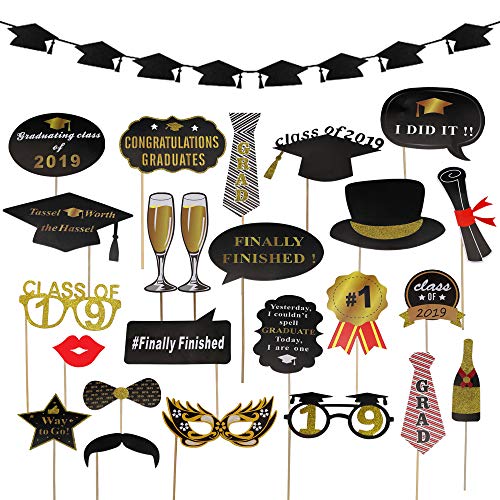 Product Cover Graduation Party Supplies 2019 | Classy and Luxurious Graduation Banner with 24Pcs Graduation Phtoto Booth Props for Graduation Party Decorations