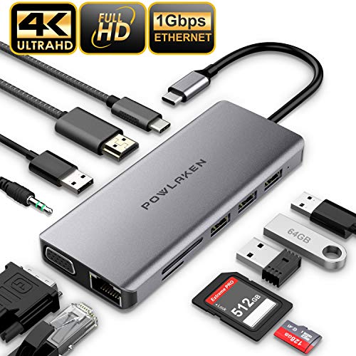 Product Cover Updated Version USB C Hub, POWLAKEN 11 in 1 USB C Adapter with Ethernet, 4K USB C to HDMI, VGA, 2 USB3.0 2 USB2.0 PD, SD TF Card Reader, Audio, Compatible Mac Pro and Other Type C Laptops