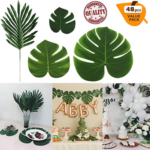 Product Cover STSTECH Artificial Palm Leaves Monstera Faux Tree Fronds Simulation Leaf for Luau Hawaiian Moana Tropical Themed Party Decoration Birthday Table Gift Decorations,48PCS(4Kinds)
