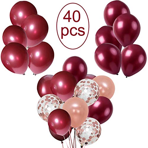 Product Cover Burgundy Balloons 40 Pack, 12 Inch Latex Balloon with Rose Gold Confetti Balloons for Baby Shower Wedding Birthday Party Decorations, 2 Gold Ribbons