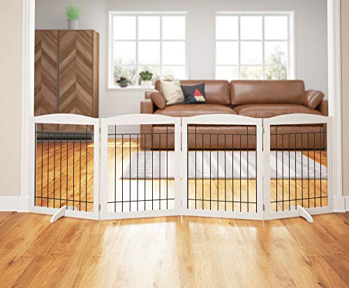 Product Cover PAWLAND 96-inch Extra Wide Dog gate for The House, Doorway, Stairs, Freestanding Foldable Wire Pet Gate, Set of Support Feet Included (White, 30