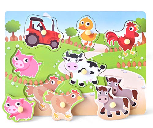 Product Cover Wooden Puzzles Farm Chunky Baby Puzzles Peg Board, Full-Color Pictures for Preschool Educational Jigsaw Puzzles, 7Pieces