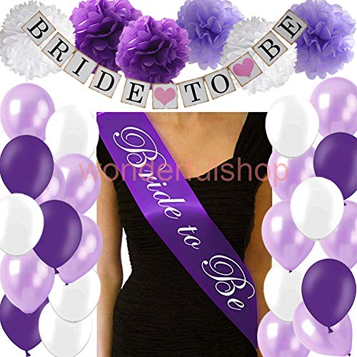 Product Cover Purple Bridal Shower Decorations Pack- Include Bride to Be Banner, Bride to Be Sash, Pompom Flowers, Latex Balloons for Lavender Purple Bachorlette Party Wedding Decorations