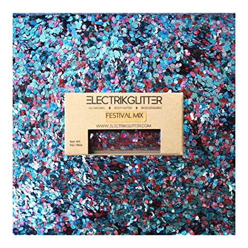 Product Cover Biodegradable Glitter Chunky Glitter for Festivals. Eco Friendly Body Glitter for Hair Glitter, Nail Glitter, Face Eyeshadow glitter, Rave accessories Holographic glitter makeup (Blue Fuchsia Glitter)
