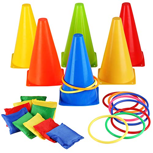 Product Cover Eocolz 3 in 1 Carnival Games Set, Soft Plastic Cones Bean Bags Ring Toss Games for Kids Birthday Party Outdoor Games Supplies 26 Piece Combo Set