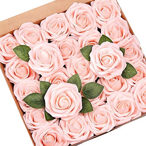 Product Cover Mocoosy 50Pcs Artificial Rose Flowers, Blush Pink Roses Real Touch Foam Fake Rose Bulk with Stem for Wedding Bouquets Centerpieces Bridal Shower Party Home DIY Artificial Flower Arrangement Decoration