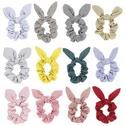 Product Cover Hair Scrunchies Bow Elastic Ties - Blended Cotton Striped Bunny Ear Scrunchie Women Ponytail Accessories Pack of 12