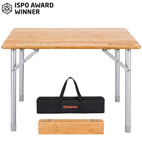 Product Cover KingCamp Bamboo Folding Table with Carry Bag 4 Fold Heavy Duty Adjustable Height Aluminum Frame Camping Table (Large, Desktop 39.4 x 25.6 inch)