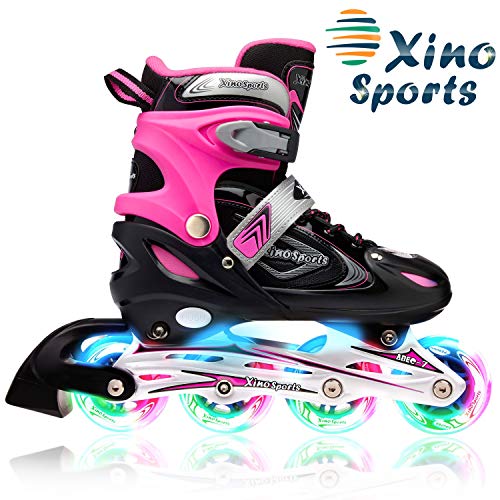 Product Cover XinoSports Adjustable Children's Inline Skates for Girls & Boys with Light Up Wheels (Ages 5-20) - Roller Blades with Illuminating Wheels for Boys and Girls (Black/Pink, Youth Big Kid Medium - 1-4)