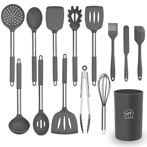 Product Cover Silicone Cooking Utensil Set, AILUKI Kitchen Utensils 14 Pcs Cooking Utensils Set,Non-stick Heat Resistant Silicone,Cookware with Stainless Steel Handle - Grey