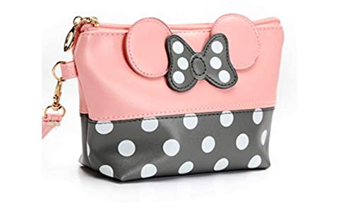 Product Cover Cartoon Leather Travel Makeup Handbag, Cute Portable Cosmetic bag Toiletry Pouch for Women Teen Girls Kids (Pink)