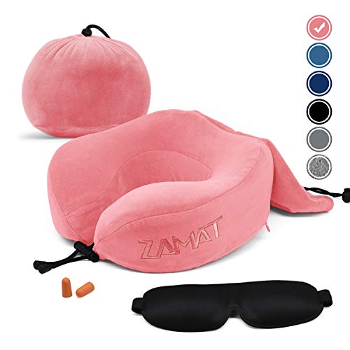 Product Cover ZAMAT Breathable & Comfortable Memory Foam Travel Pillow, Adjustable Travel Neck Pillow for Airplane Travel, 360° Stable Neck Support Airplane Pillow with Soft Velour Cover, Portable Bag (Pink)