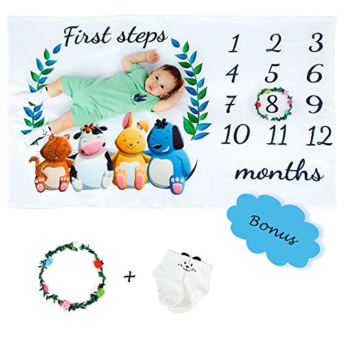 Product Cover Baby Monthly Milestone Blanket Gift Set and Photo Props | Garland, Custom Ribbon & Card Package, Cartoon Baby Socks, EVA Storage Bag | Gender Neutral Boy & Girl