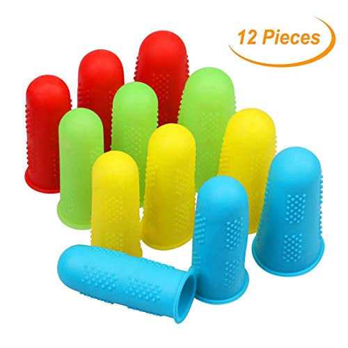 Product Cover 12 Pieces Silicone Hot Glue Gun Finger Caps, 4 Colors Finger Guard Protectors or Hot Glue Wax Rosin Resin Honey Adhesives Scrapbooking Sewing in 3 Sizes-Red/Blue/Yellow/Green